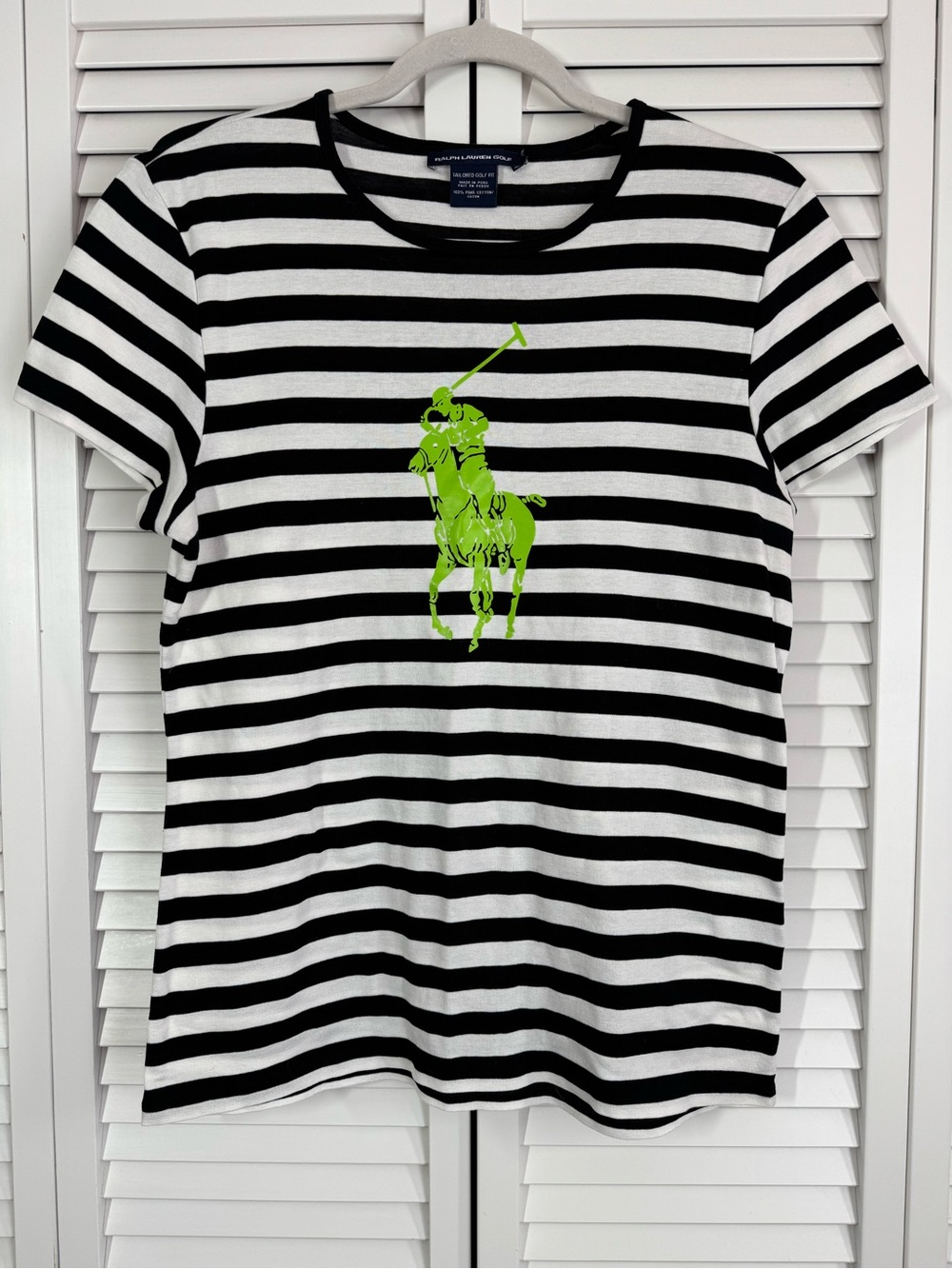 Ralph Lauren Golf Tailored Fit Stripe Black White Big Pony Logo Lime Green M/L